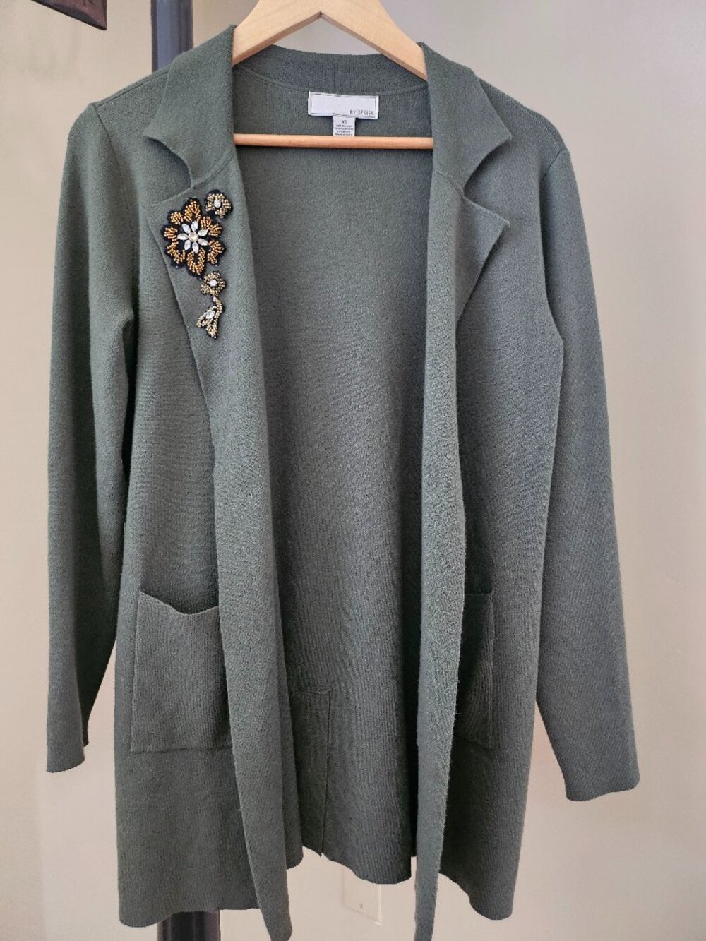 By Design Olive Notch Lapel Longline Cardigan Beaded Detail Sz XS
